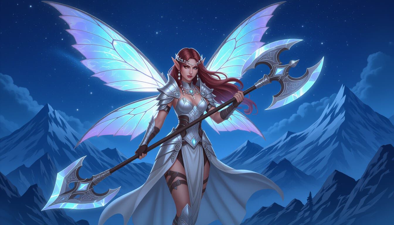 Faerie Warrior Zoey with Runic Axe on Moonlit Peak