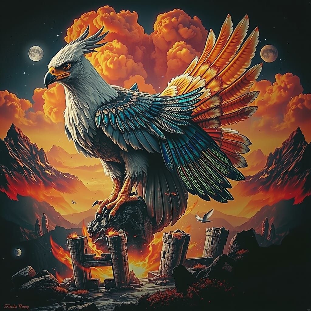 Majestic Griffin on Ancient Ruins with Bioluminescent Flora