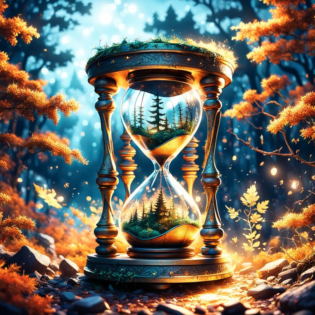Magical Autumn Hourglass in Forest: Fantasy Illustration