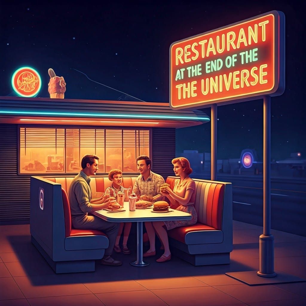 Retro-Futuristic Family Feast in Whimsical Cosmic Diner