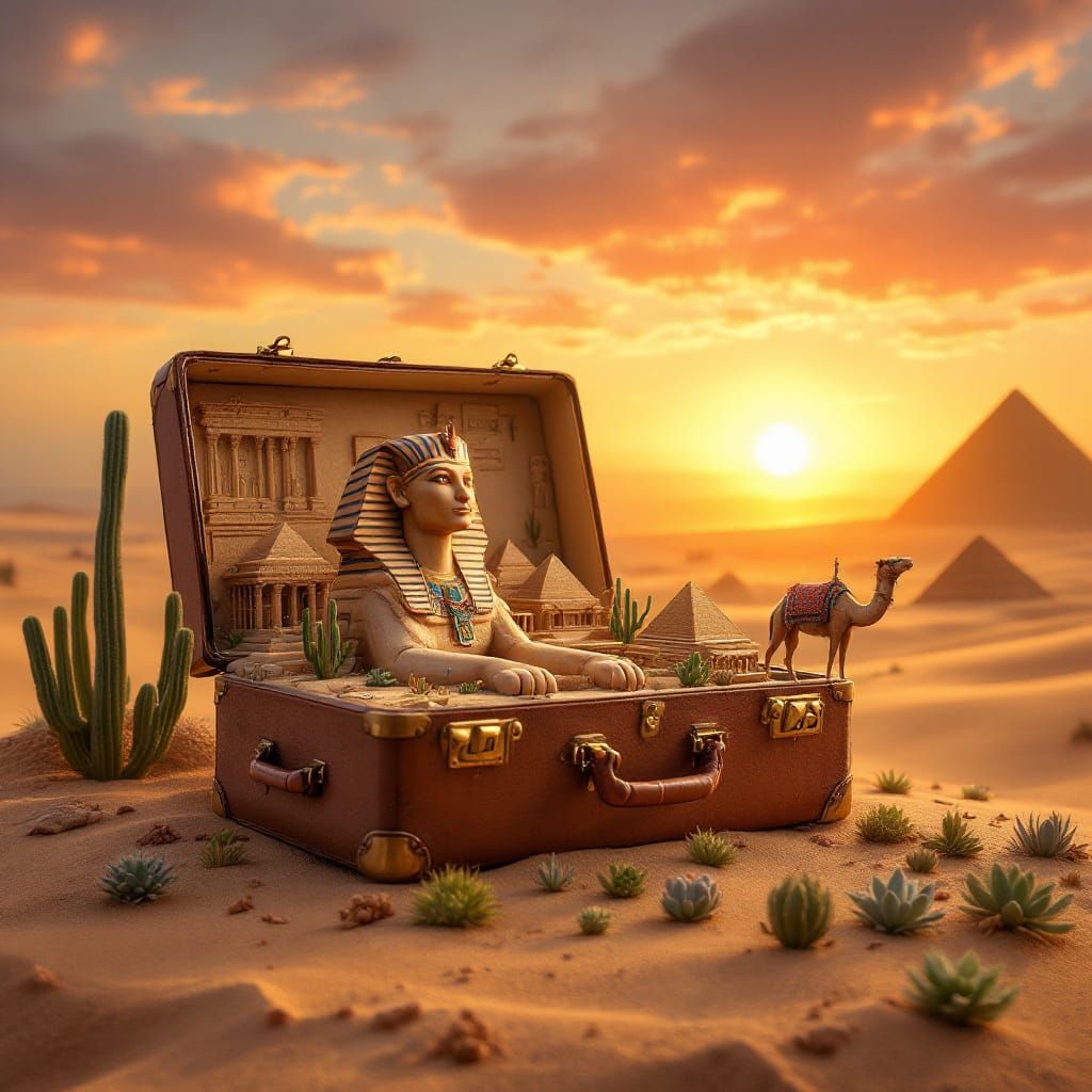 Miniature Desert World in Suitcase, Surrealist Style