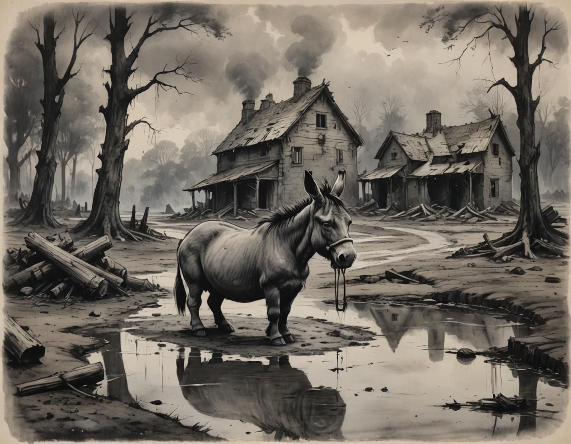 Eeyore Donkey Smoking Pipe in Gloomy Charcoal Sketch