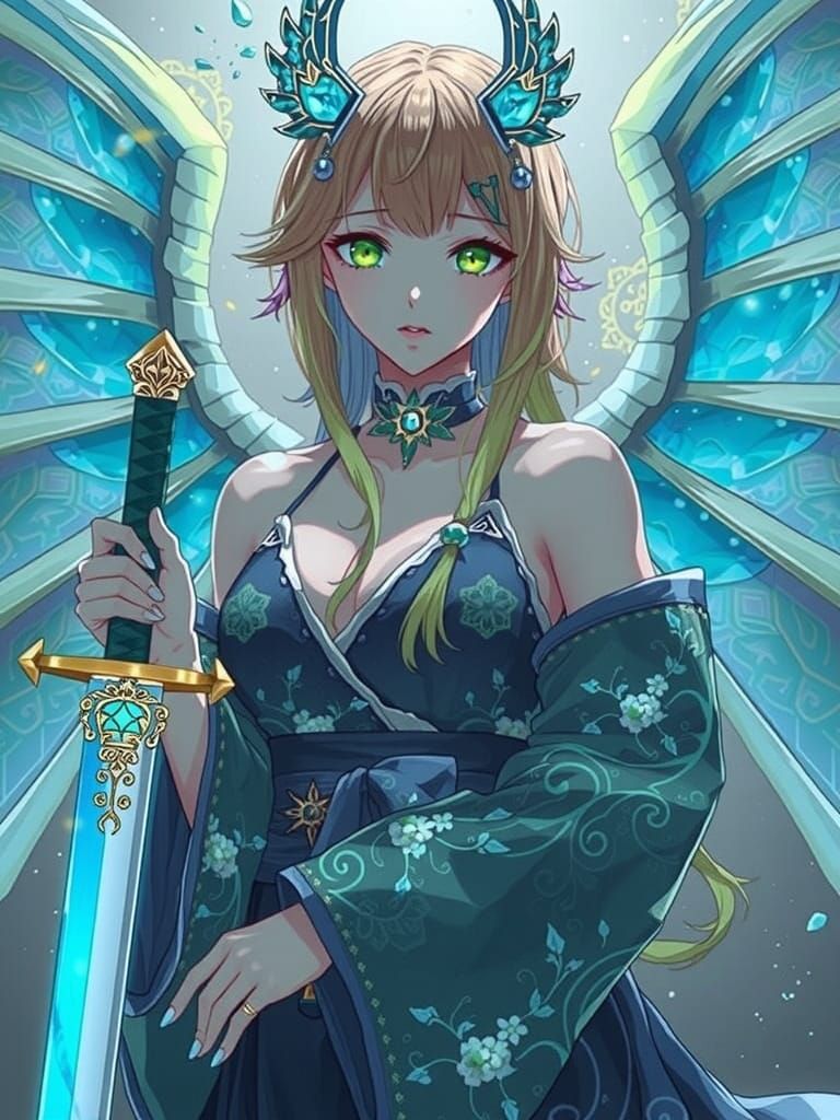 Anime Goddess with Celestial Wings and Vibrant Green Hair