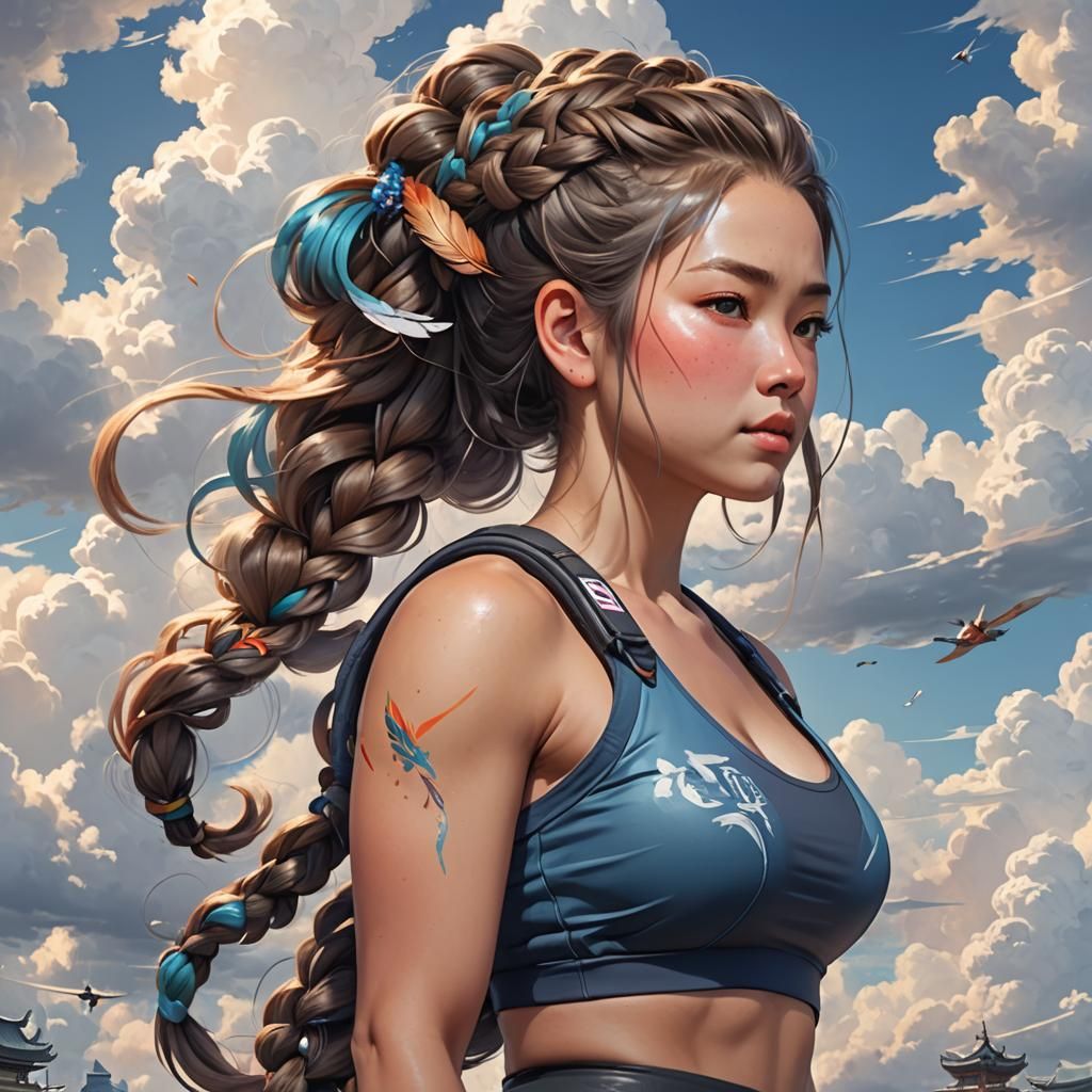 Woman Sky Surfing in Clouds, Detailed Digital Portrait
