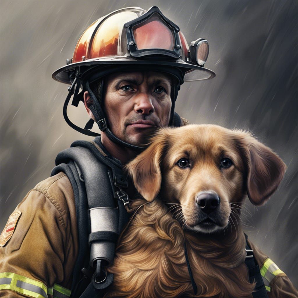 Heroic Firefighter Rescues Dog in Digital Art