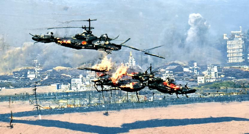 KA-52 Helicopters Fly Through Burning City