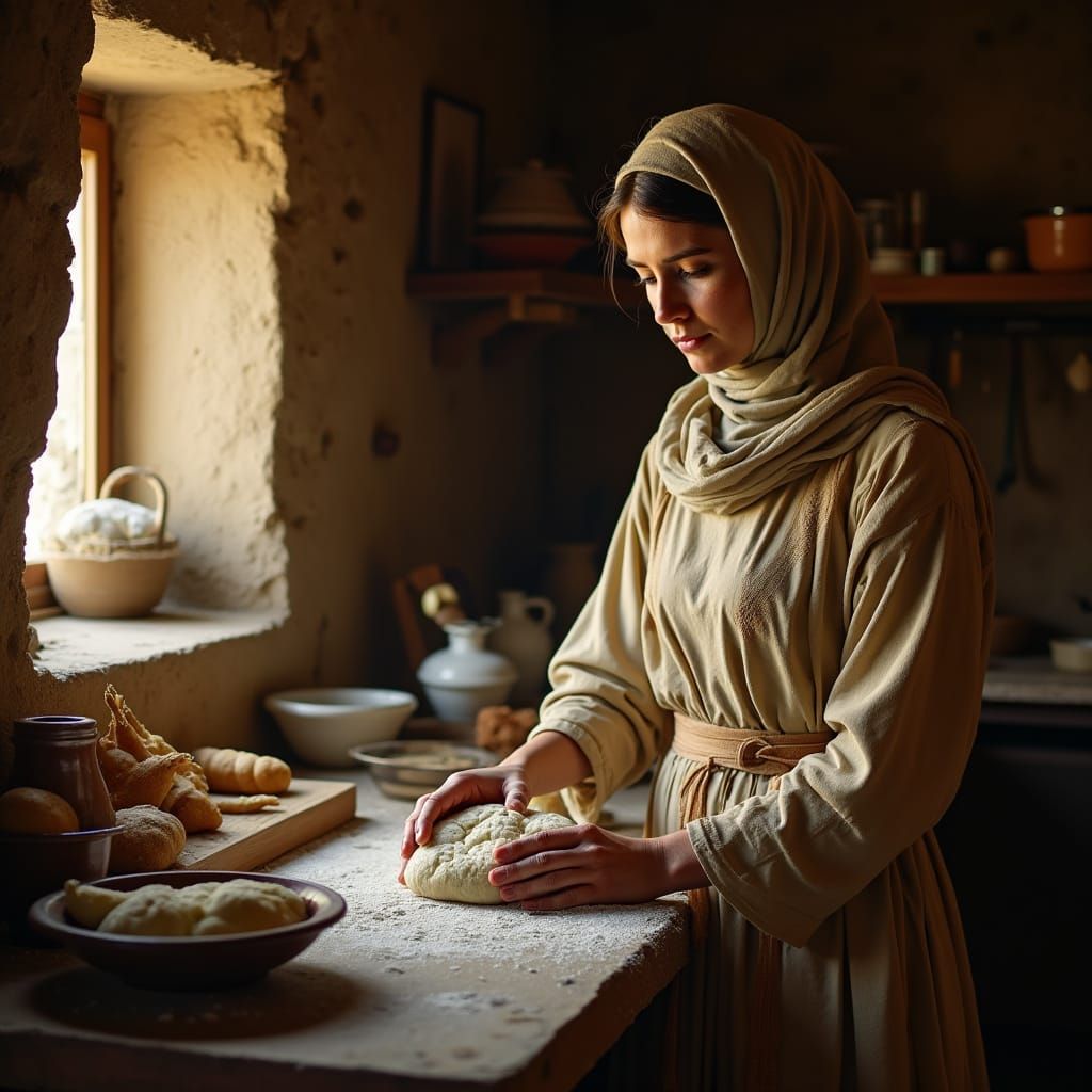 Ancient Israeli Woman Kneads Dough in Cozy Home