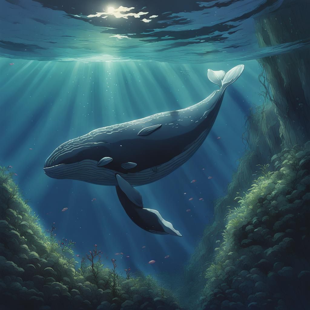Whale Swimming in Mysterious Ghibli-Style Sea