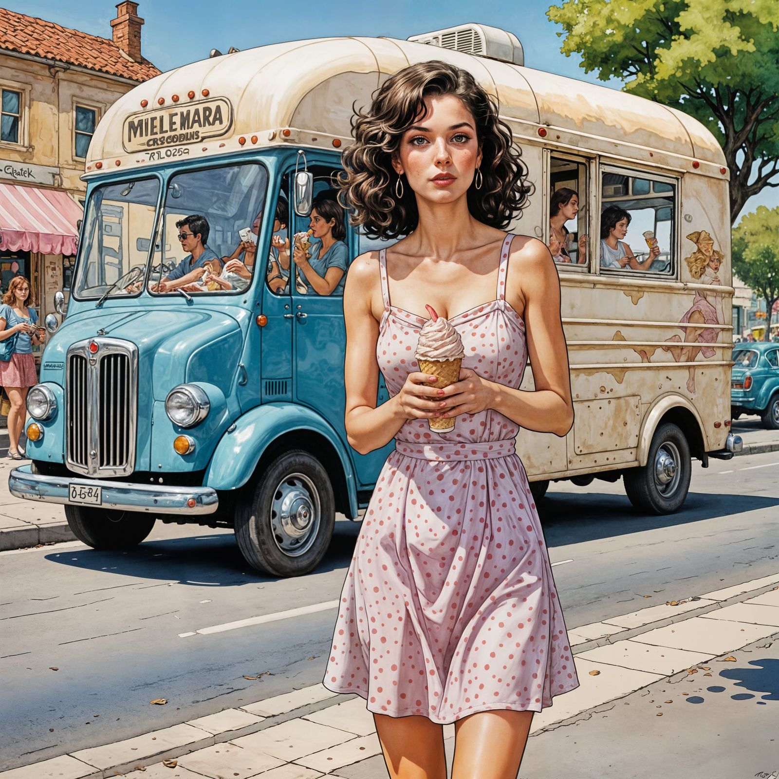 Woman Licking Ice Cream Cone in Comic Art Style