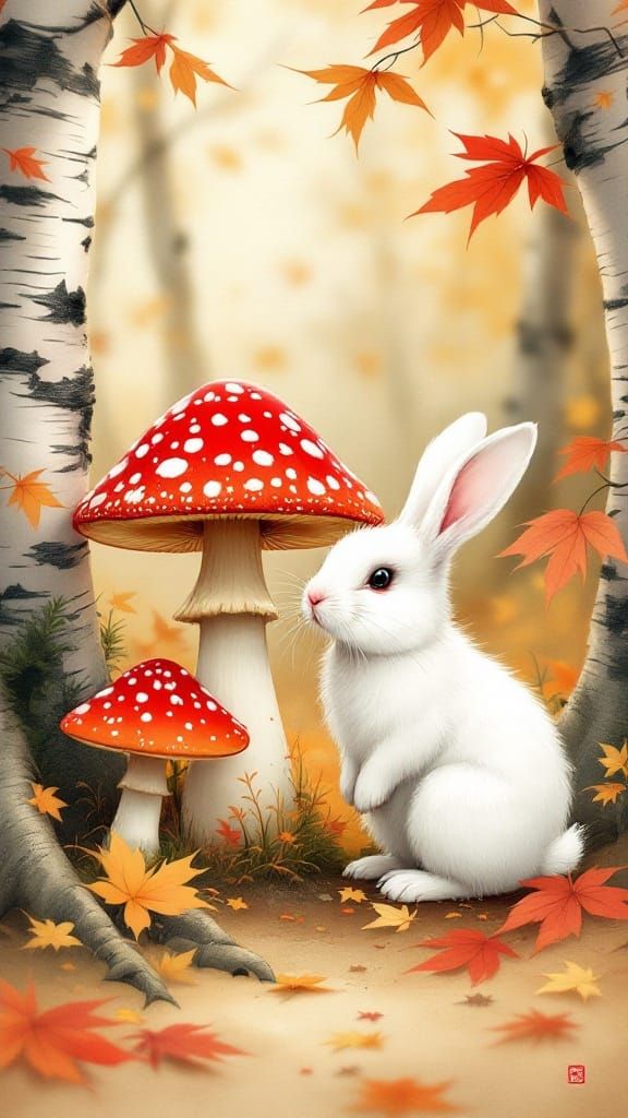 Japanese Autumn Woodblock Art of Rabbit and Toadstool