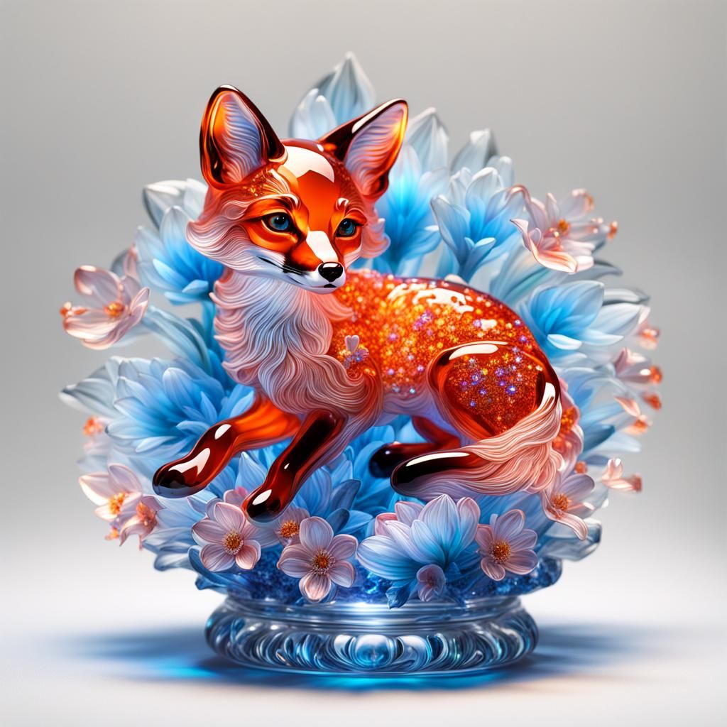Bioluminescent Glass Fox Sculpture: Hyperrealistic Digital A...