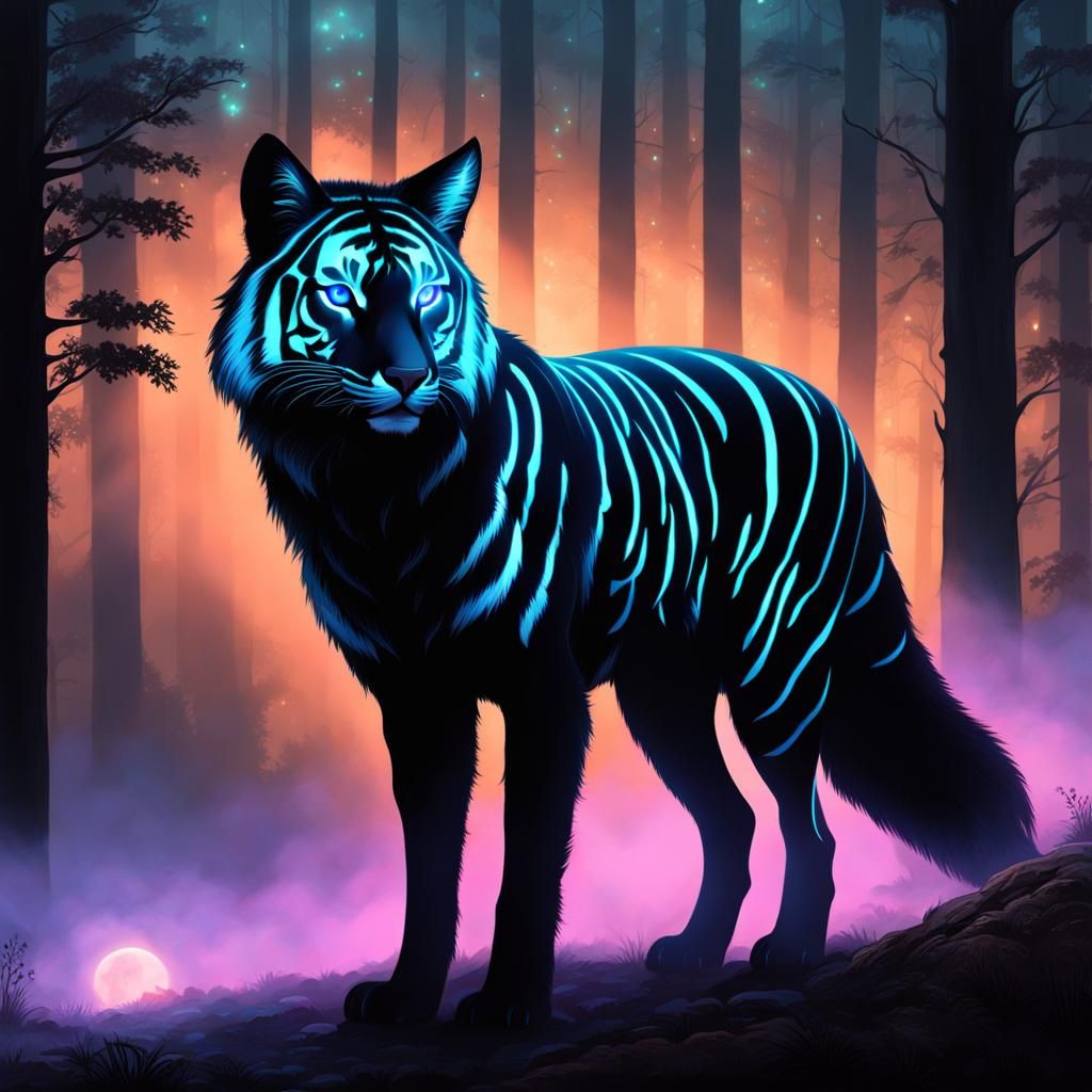 Bioluminescent Fox-Tiger Hybrid in Misty Forest