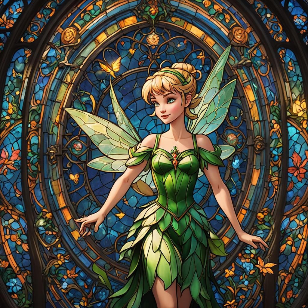 Detailed Stained Glass Window of Tinkerbell