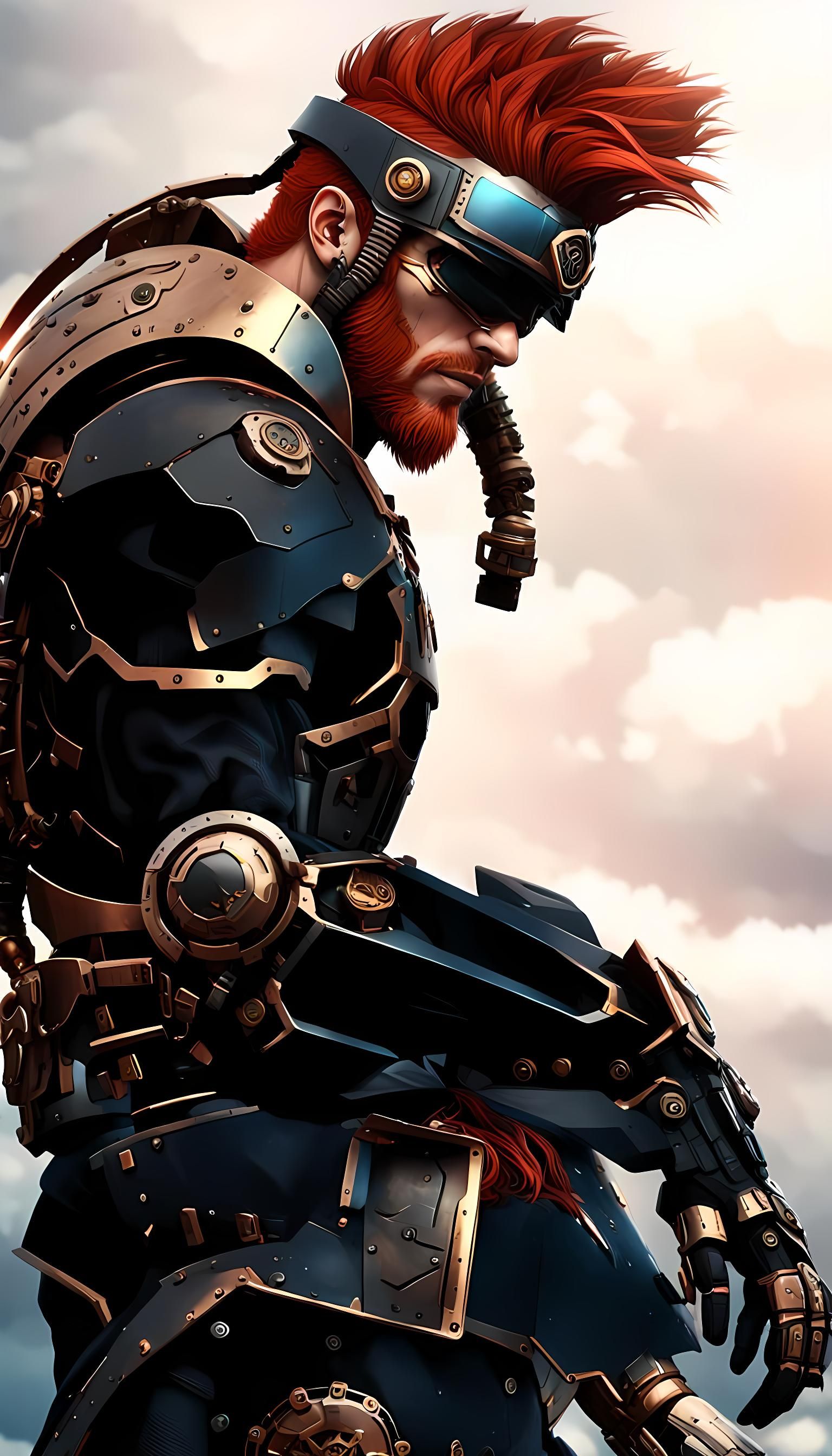 Red-Haired Warrior with Lion Gauntlets in Sci-Fi Style