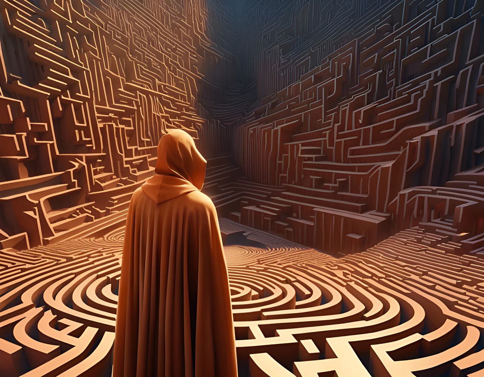 Cloaked Figure Navigates Ornate Geometric Maze