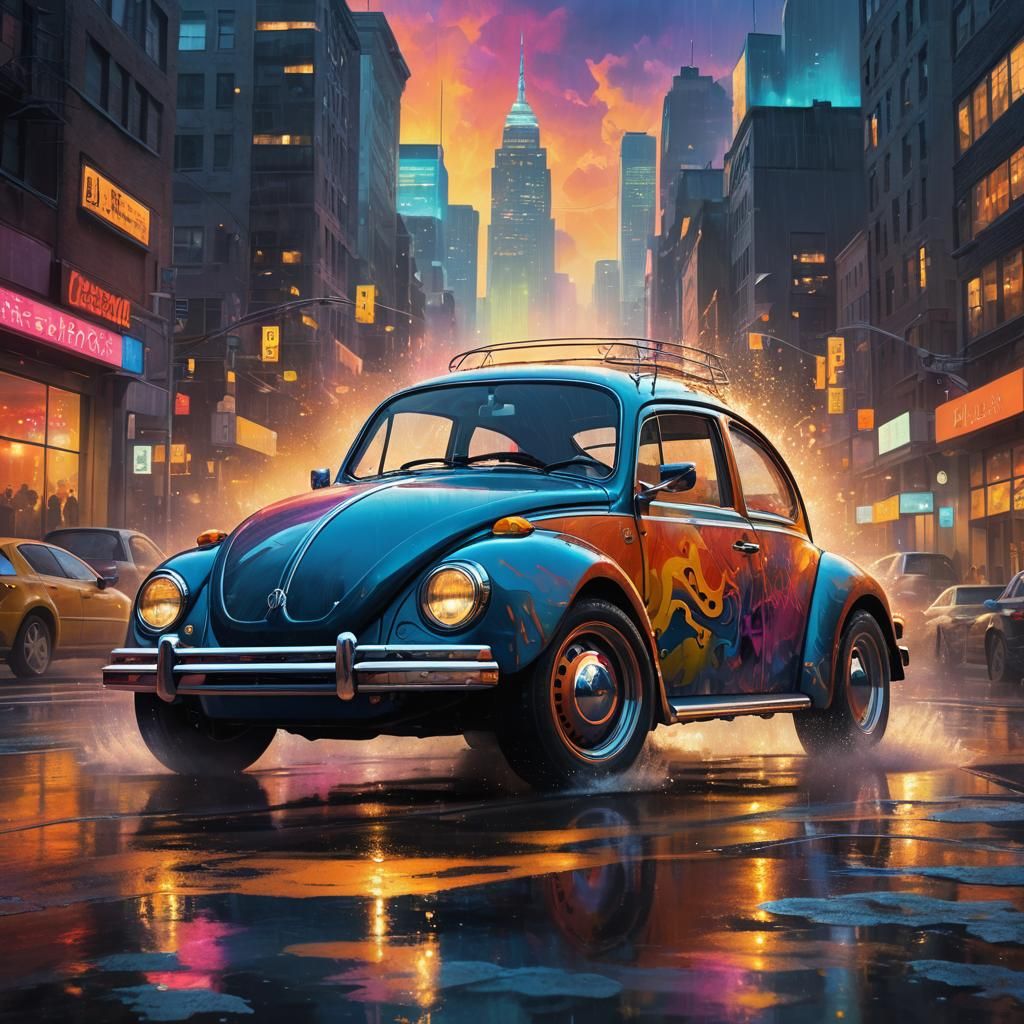 Vibrant Volkswagen Beetle in Swirling Cityscape: Concept Art