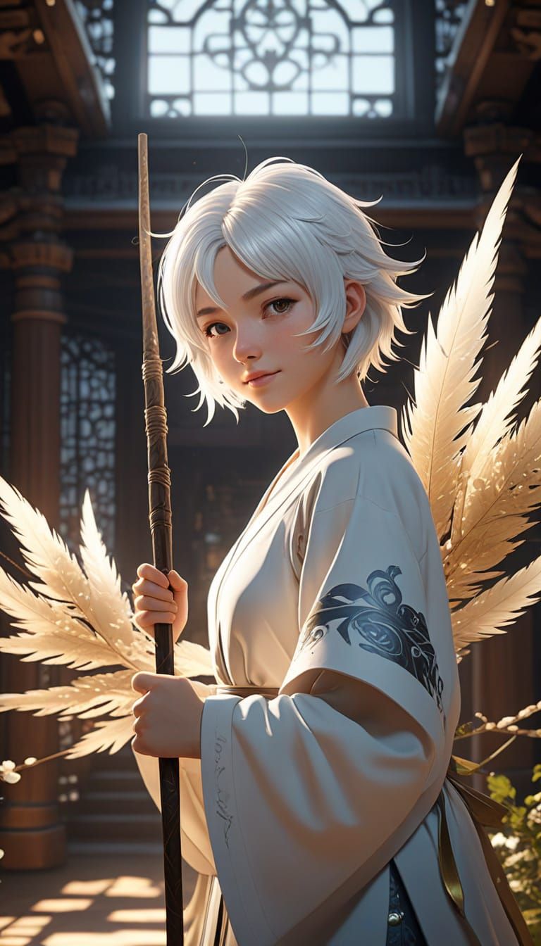 Surreal Anime Goddess Rides a Broom in Heavenly Light