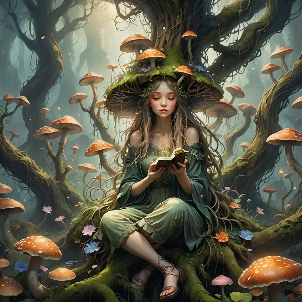 Fantasy Woman on Mushroom with Glowing Typography