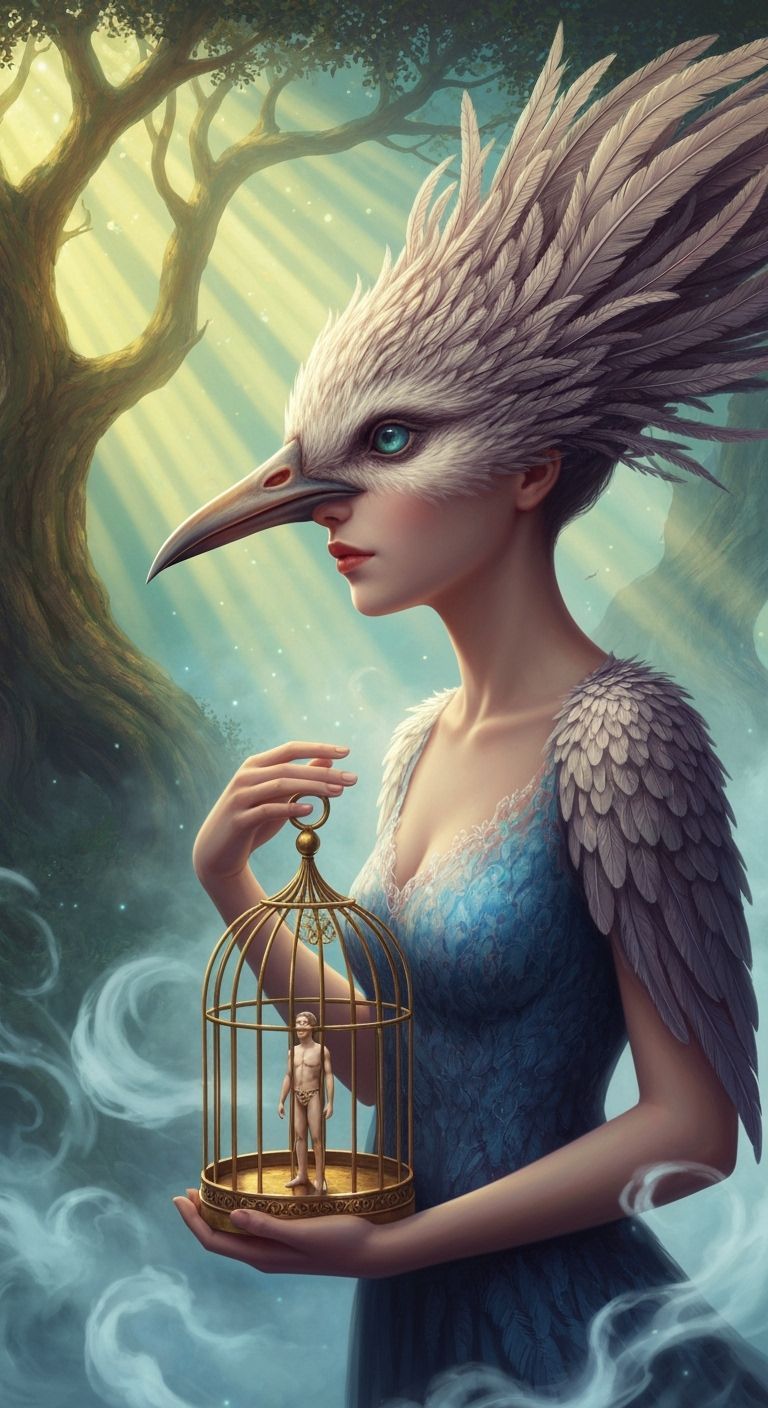 Bird-Girl Holds Gilded Cage with Miniature Human