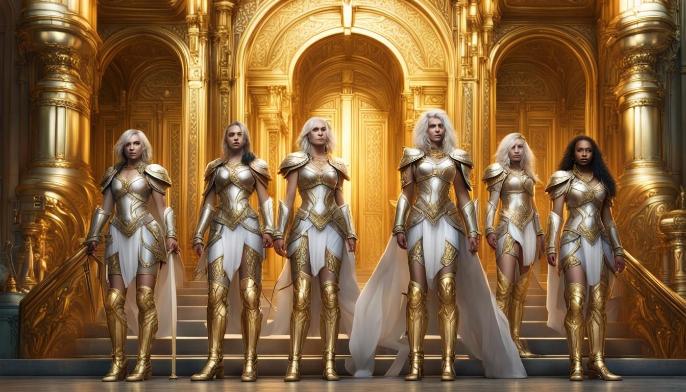 Female Warriors in Gold Armor on Gold Stairs