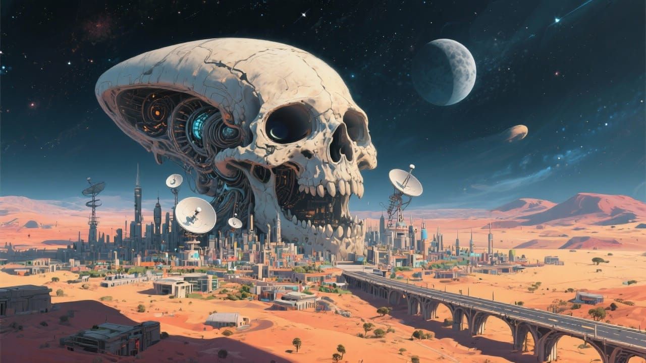 Alien Skull City Rises in Desert Landscape