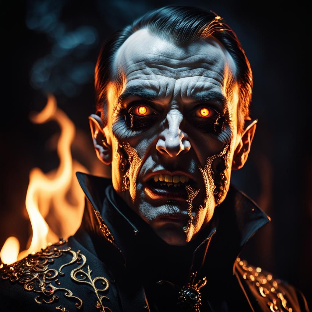 A pale, gaunt vampire face, illuminated by the warm, golden ...