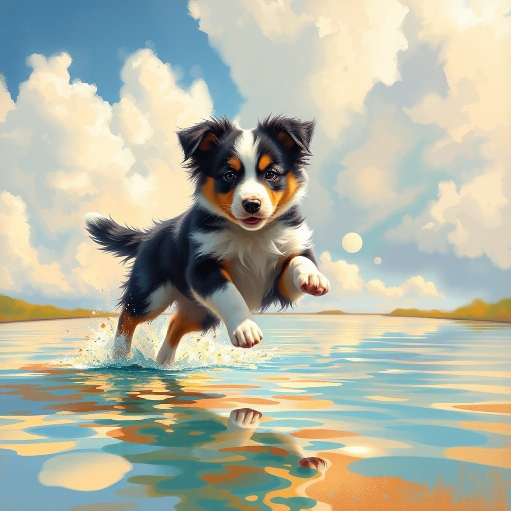 Australian Shepherd Puppy Jumps, Impressionist Style