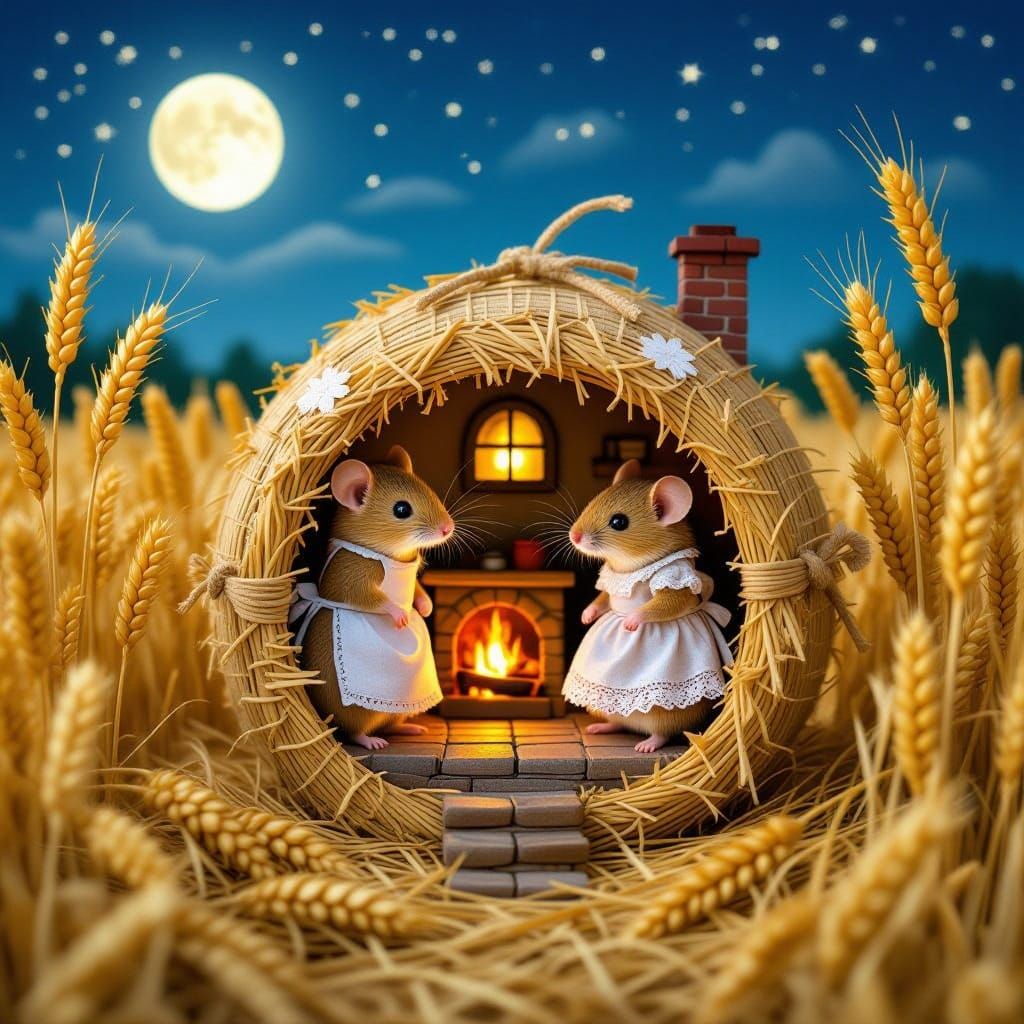 Cozy Harvest Mice Home in a Hay Ball at Night