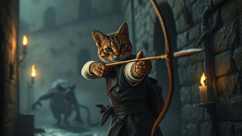 Whimsical Cat Archer in Mysterious Alleyway