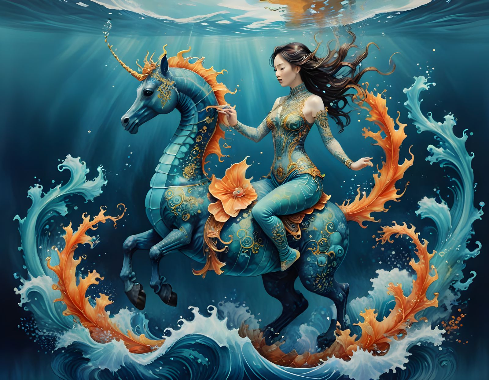 Underwater Seahorse Rider in Chinese Ink Style