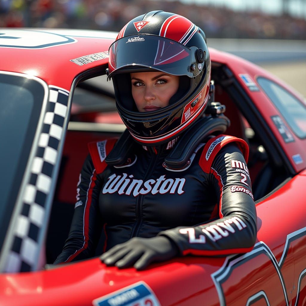 Sleek NASCAR Driver in High-Gloss Body Suit with Winston Cig...