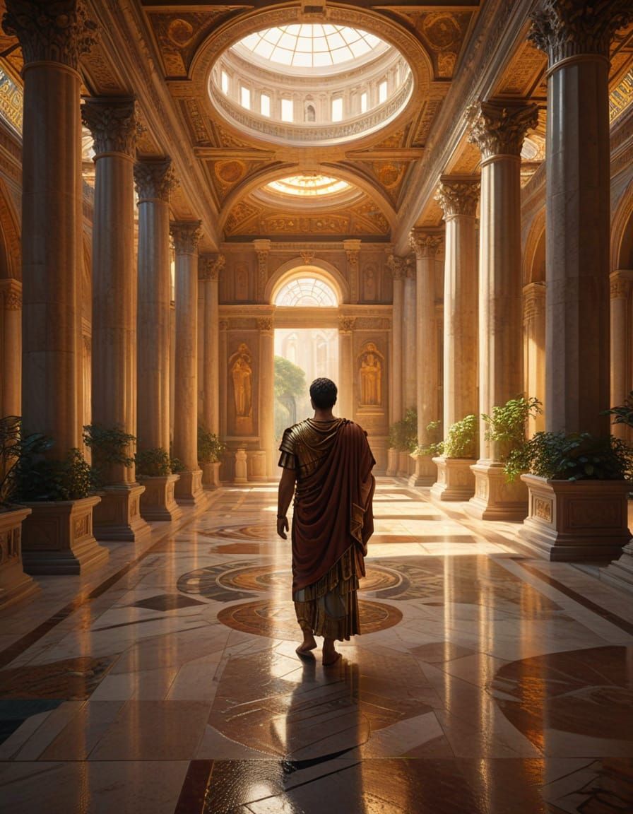 Roman Emperor in Grand Palace Atrium, Fantasy Illustration