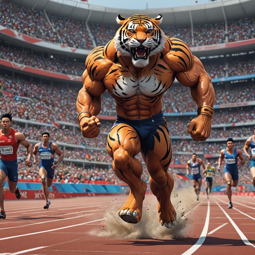 Tiger Bodybuilder Runs 100m: 3D Anime Art