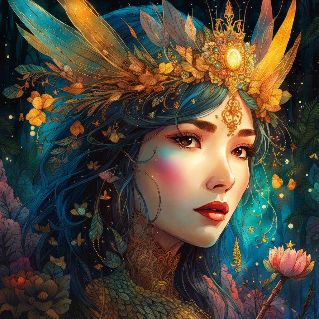 Fairy Princess Portrait in Watercolor Style