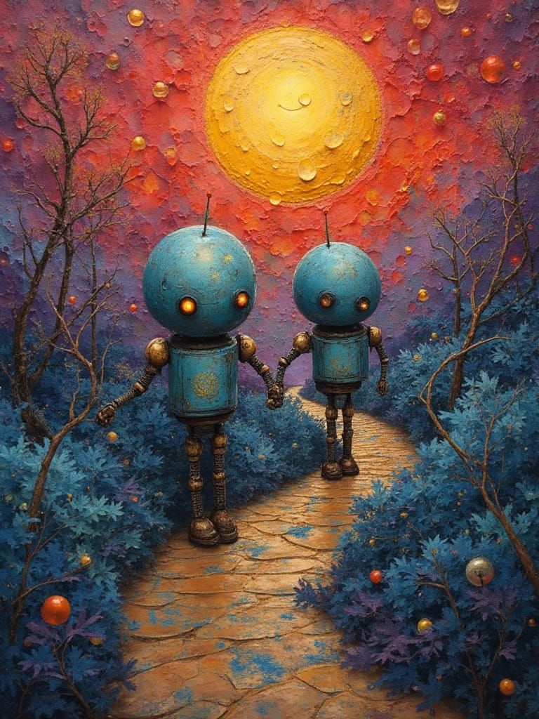 Cute Weathered Bots March Through Glimmering 3D Maze