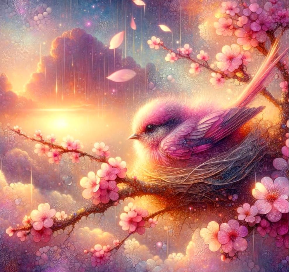 Pink Bird Nesting Among Cherry Blossoms as Watercolour