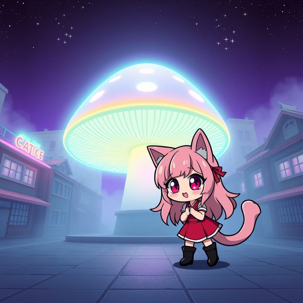 Chibi Anime Catgirl Admires Futuristic Mushroom in Retro Cyb...