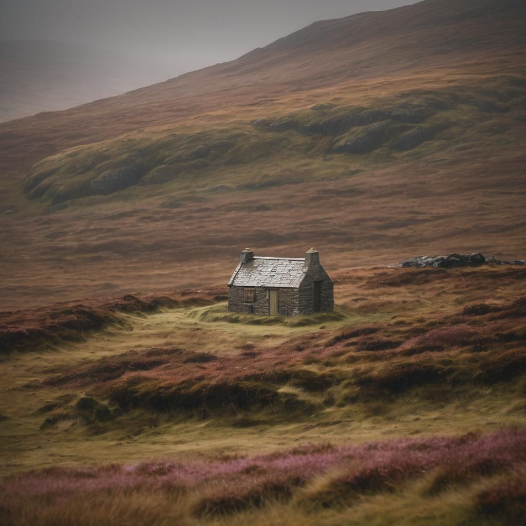 Remote Scottish Bothy in Atmospheric Moorland Landscape