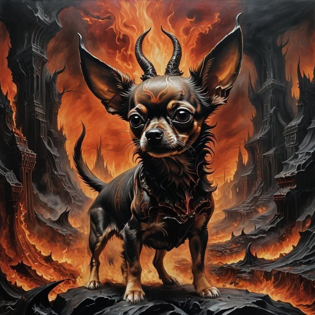 Chihuahua Dog with Horns in Hellish Landscape
