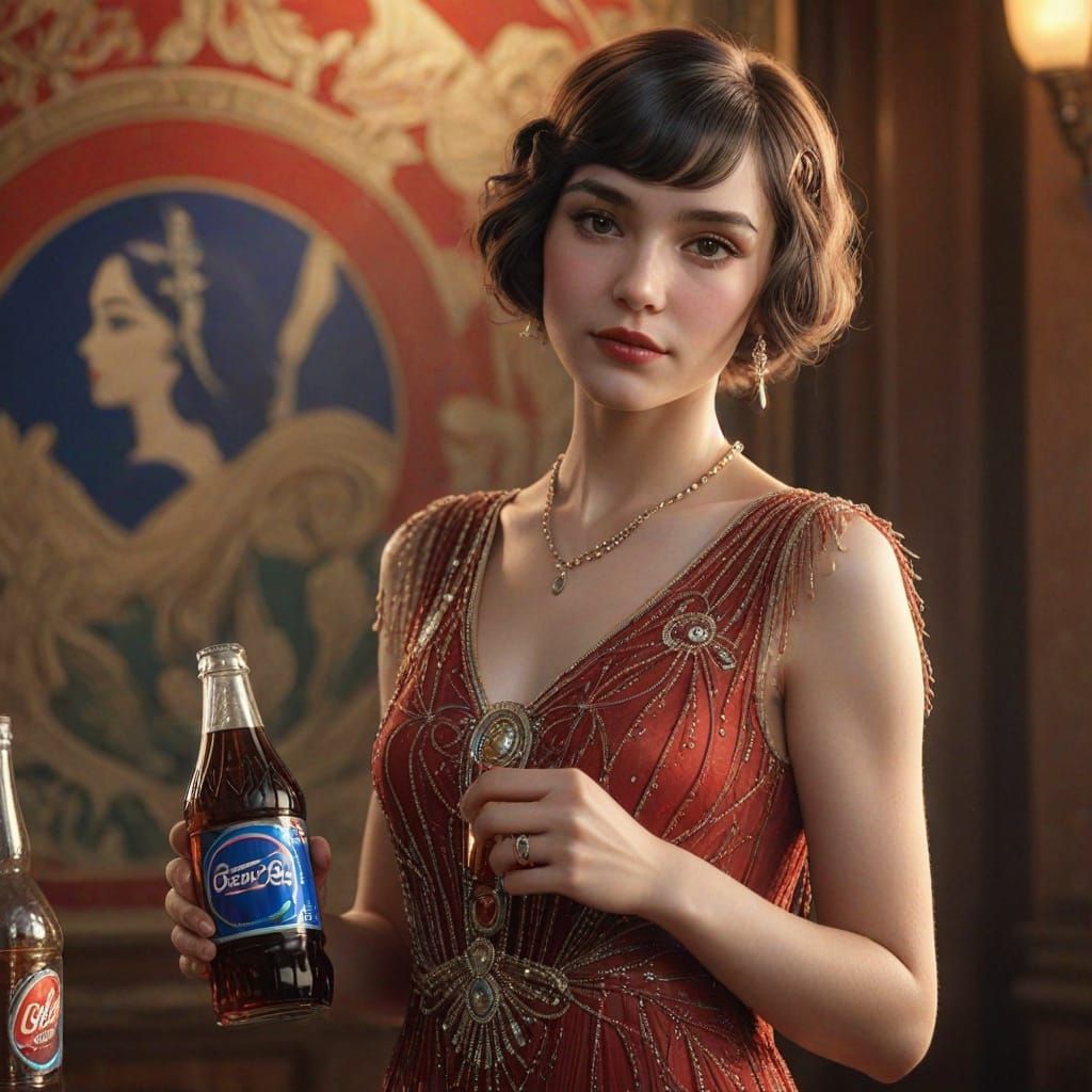 Elegant Flapper Girl in Red Dress Holds Vintage Pepsi