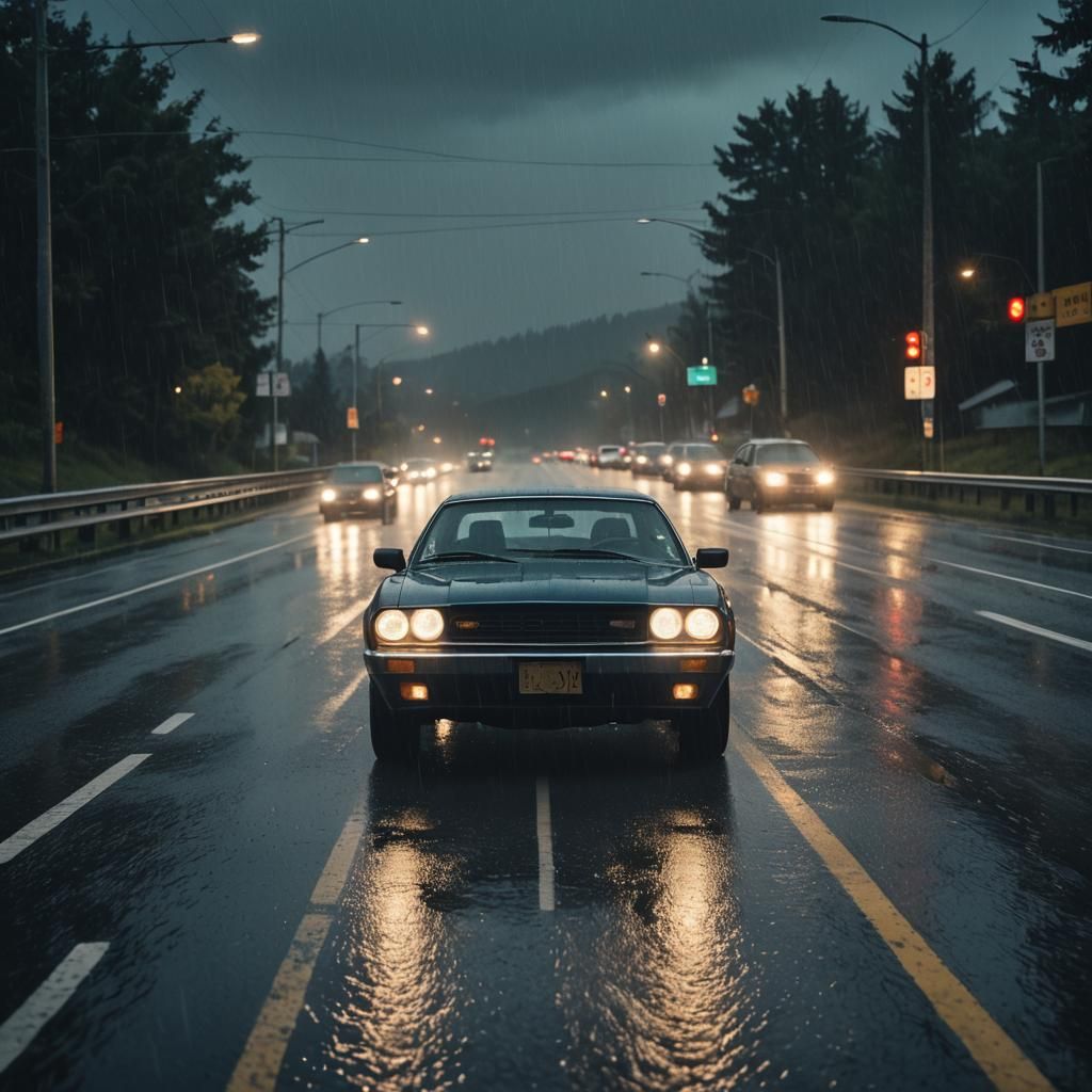 Car Speeding on Rainy Highway at Night