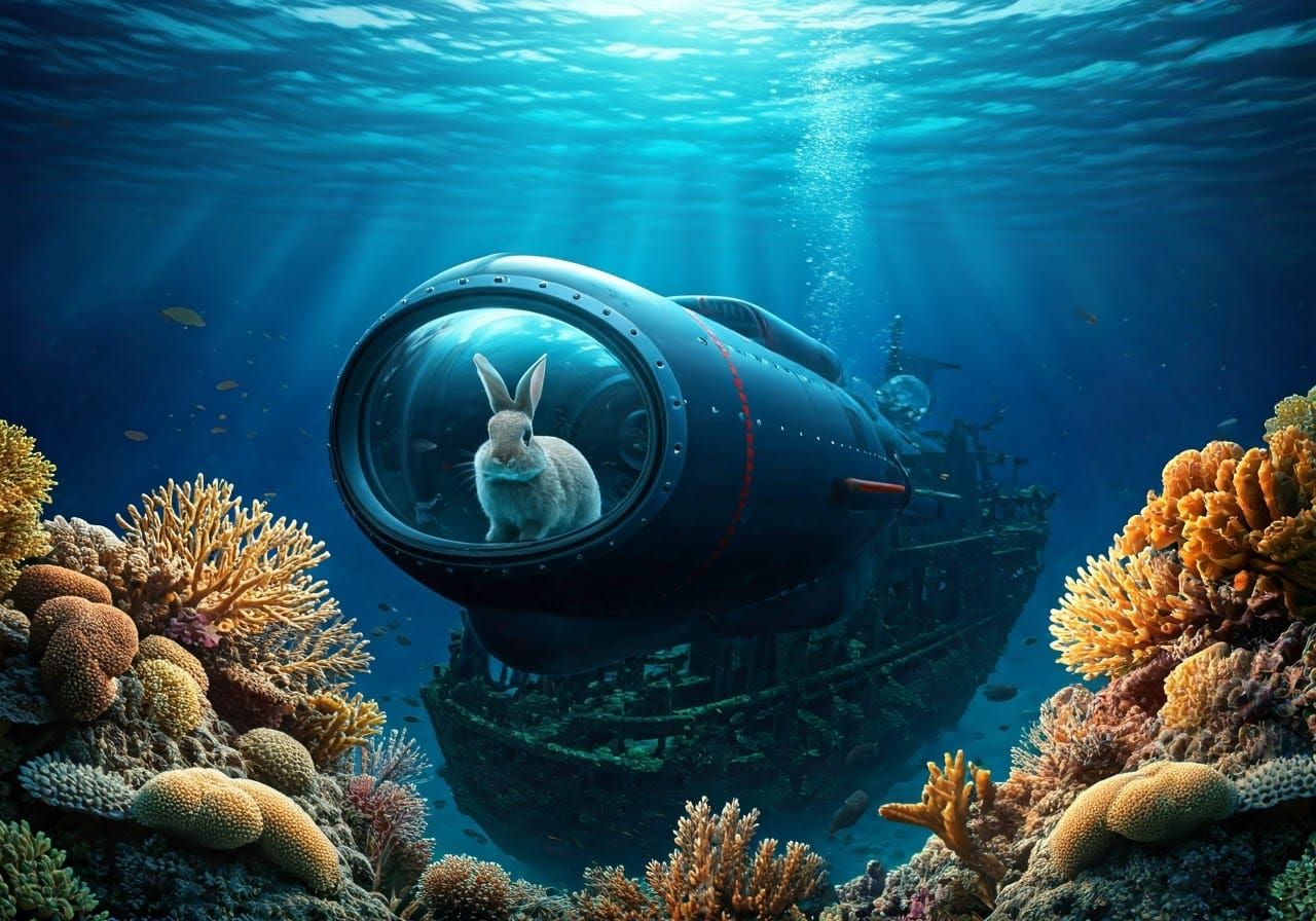 Rabbit Explores Sunken Pirate Shipwreck in Deep Ocean