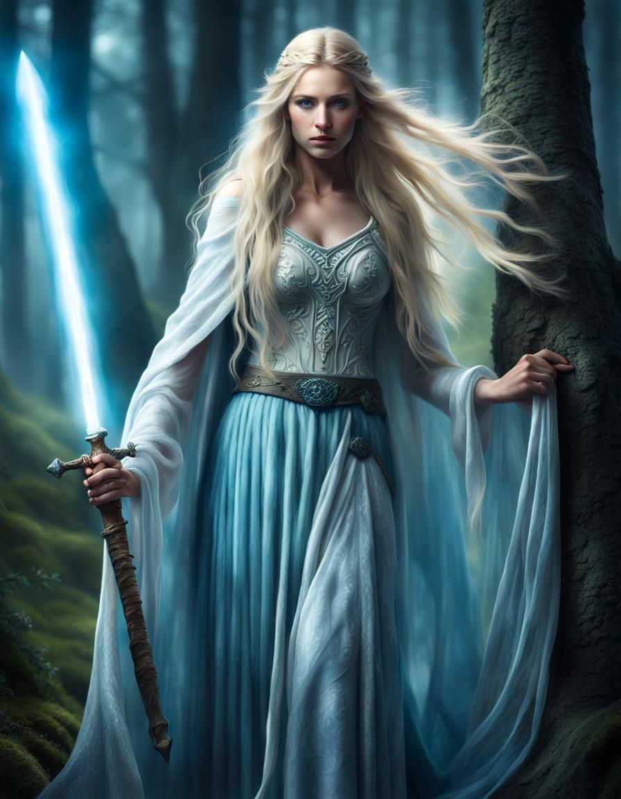 Hyperrealistic Druid Woman with Sword in Ancient Ireland