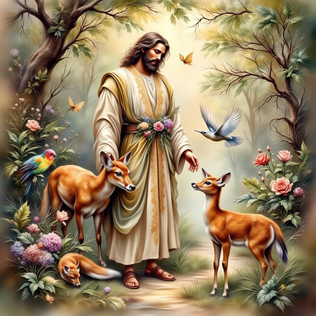 Elegant Jesus in Whimsical Woodland Scene