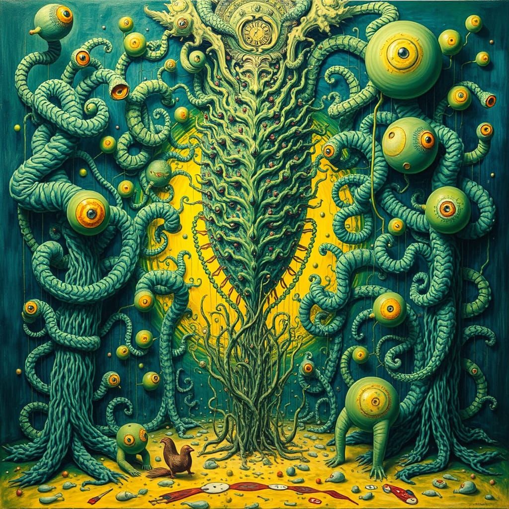 Surreal Abstract Painting in Green Yellow Blue