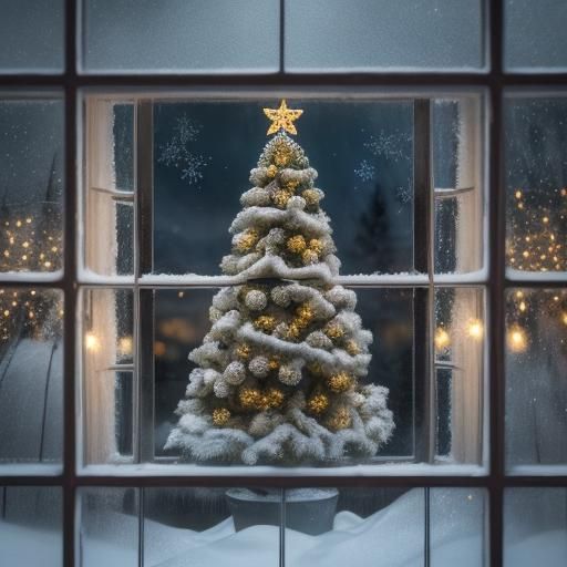 Christmas Tree in Snowy Window: Hyper-Realistic Winter Scene