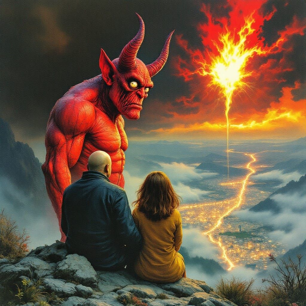 Grotesque Couple Confronts a Red Devil in a 1970s Comic Book...