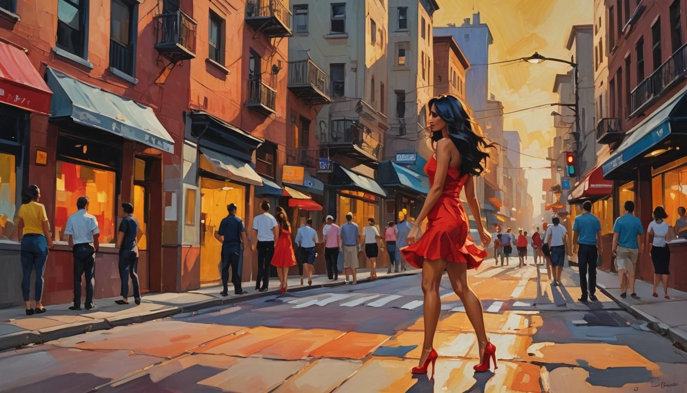 Latina Woman in Red Dress, Fauvist Oil Painting