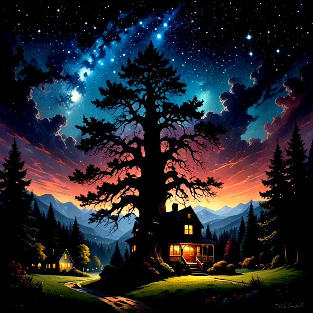 Starry Sky Silhouette in Kinkade Style