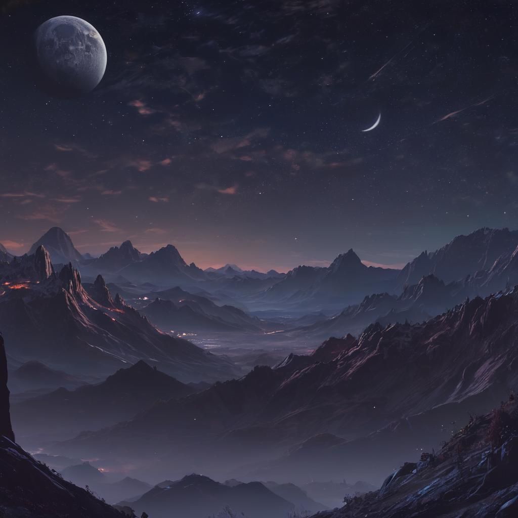 Moonlit Mountains under a Festive Crescent Moon